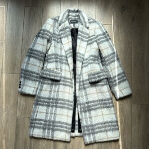 BCBGMaxAzria Cream and Gray Plaid Midi Coat